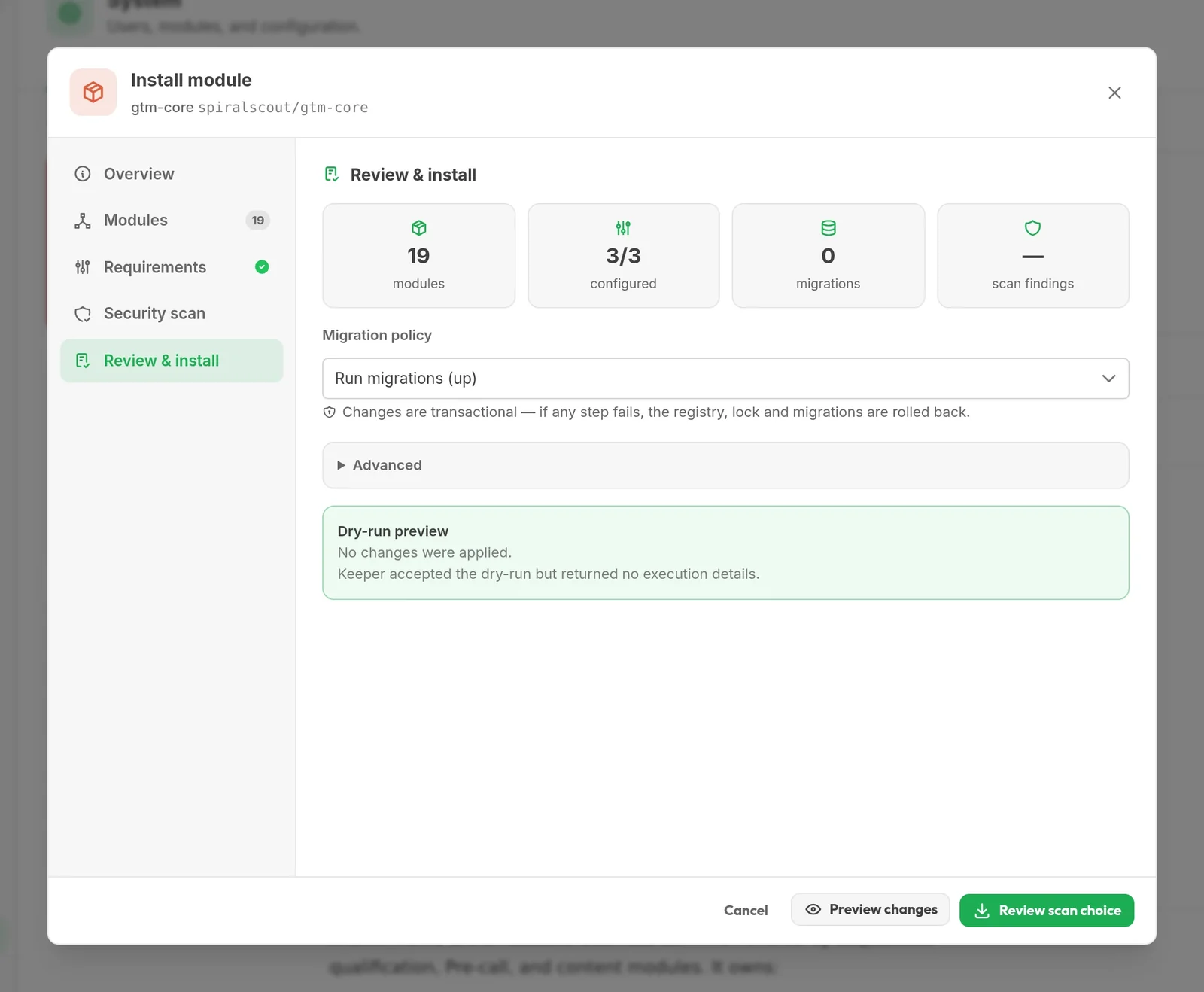 Install review: 19 modules, 3 of 3 requirements configured, 0 migrations, transactional rollback note