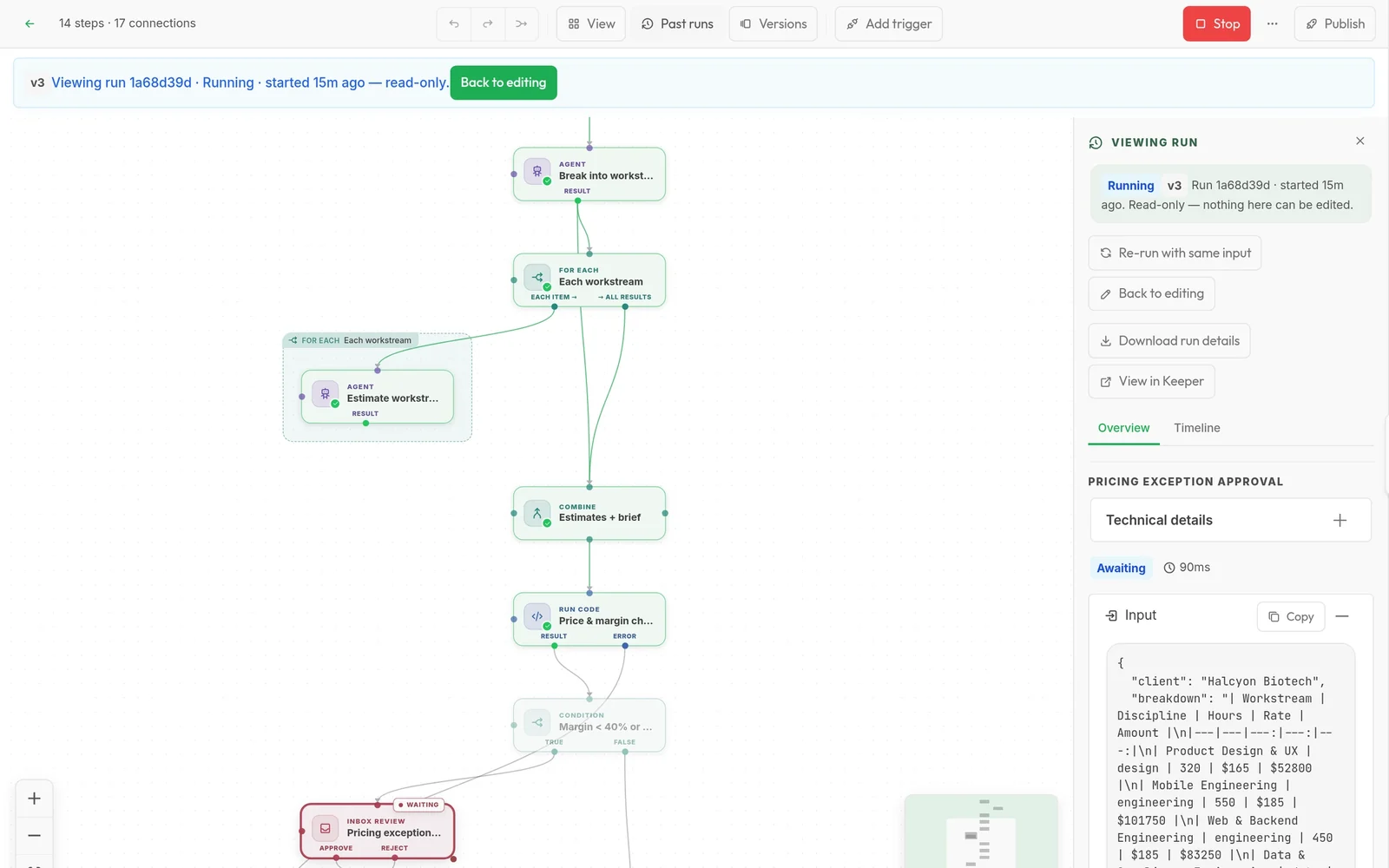 A SOW Builder run paused at a pricing exception approval step, with the run panel showing the step input