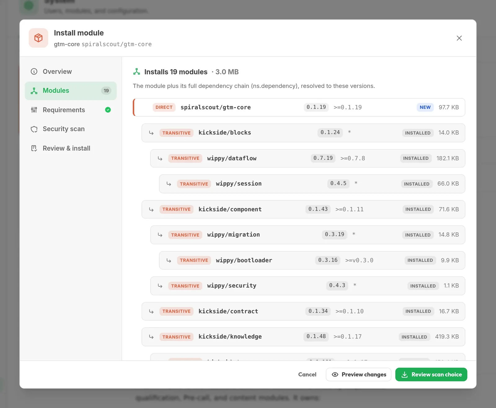 Installing a module from the Hub: its full dependency chain resolved, each module with version and size
