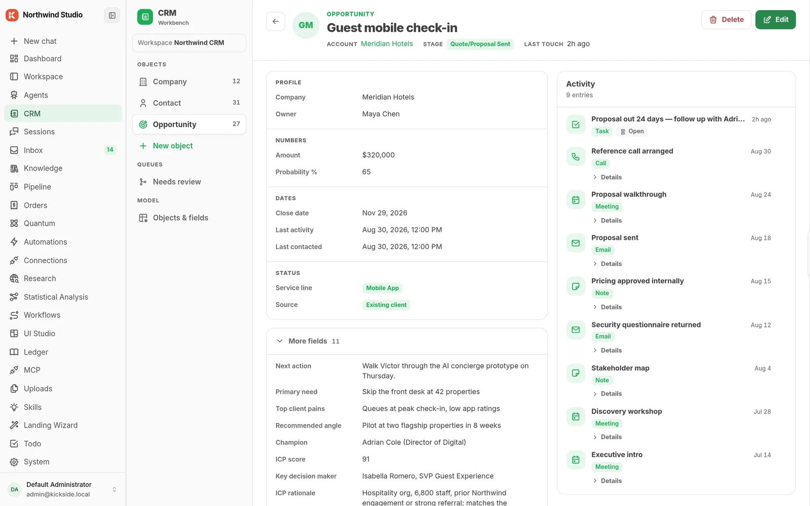 Deal record with AI deal-intelligence fields next to a timeline of calls, meetings and emails