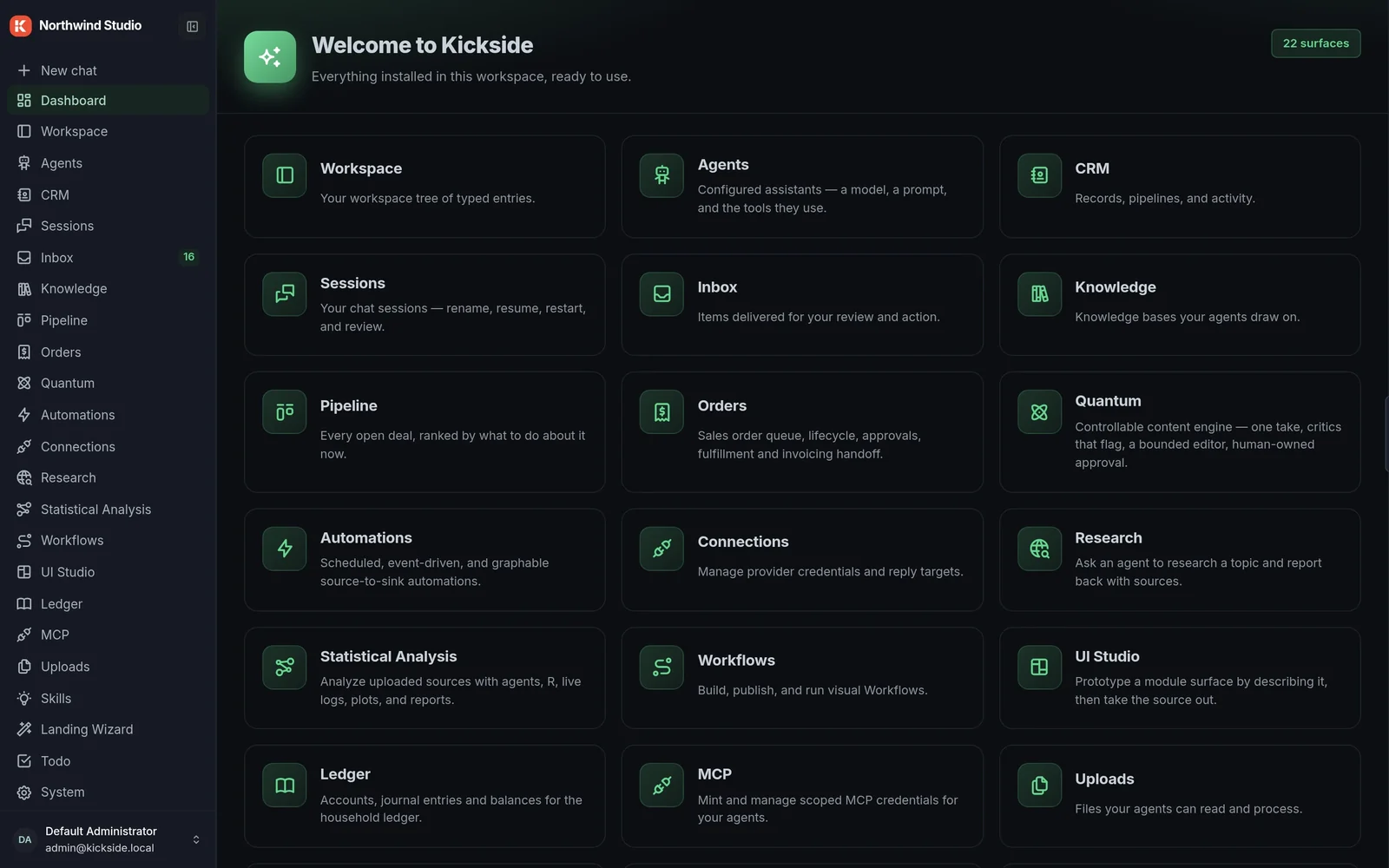 Dashboard listing 22 installed surfaces: workspace, agents, CRM, inbox, knowledge, pipeline, workflows, ledger and more