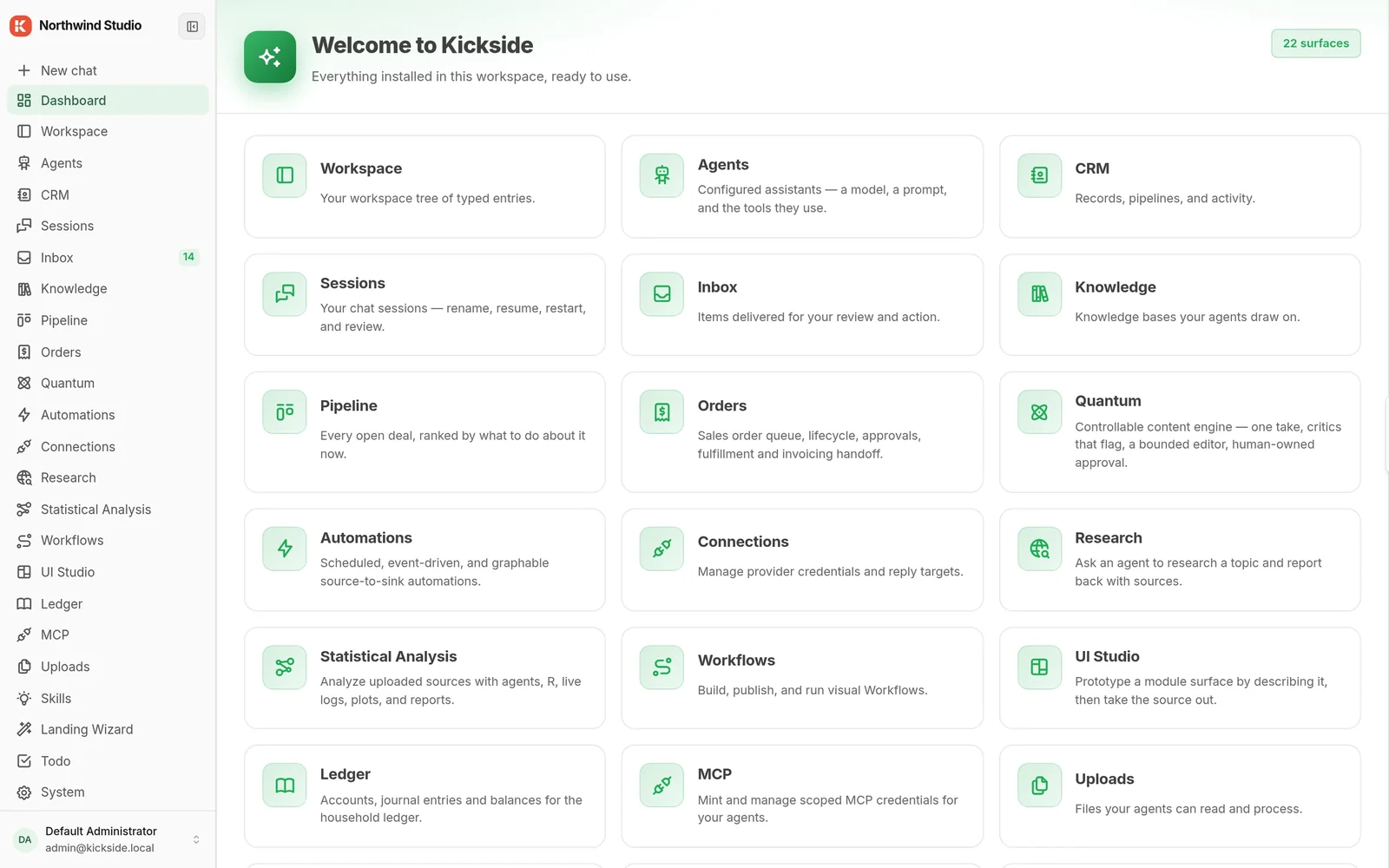 Dashboard of a fresh copy listing its installed surfaces: workspace, agents, CRM, sessions, inbox, knowledge, pipeline, orders and more
