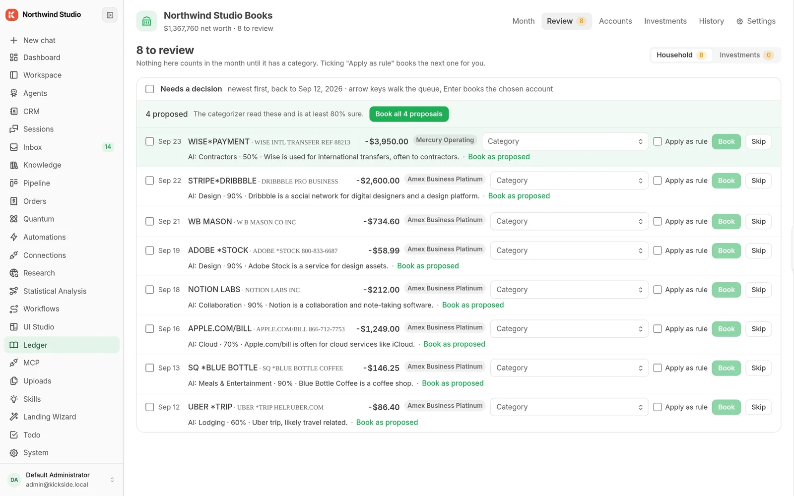 Ledger review queue: uncategorised card and bank transactions with the categoriser's proposals, confidence and reasoning