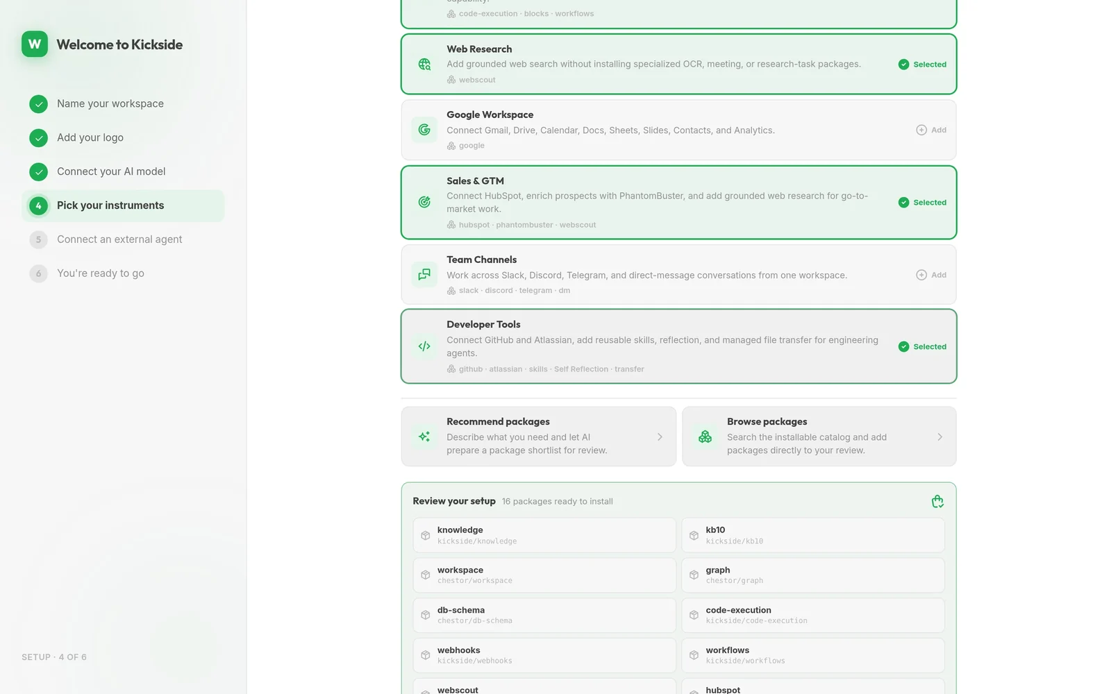 Setup step picking bundles, with Sales and GTM selected to connect HubSpot and Team Channels offering Slack