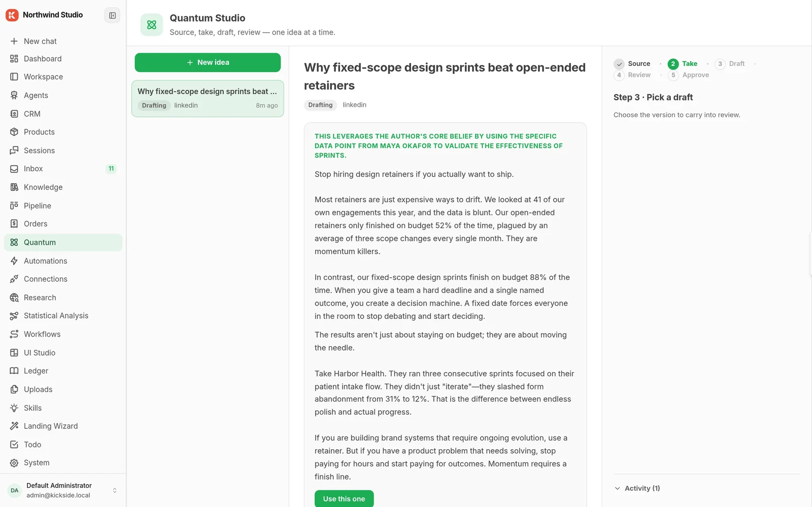 Quantum Studio: a LinkedIn post draft at the pick-a-draft step of a source, take, draft, review, approve flow