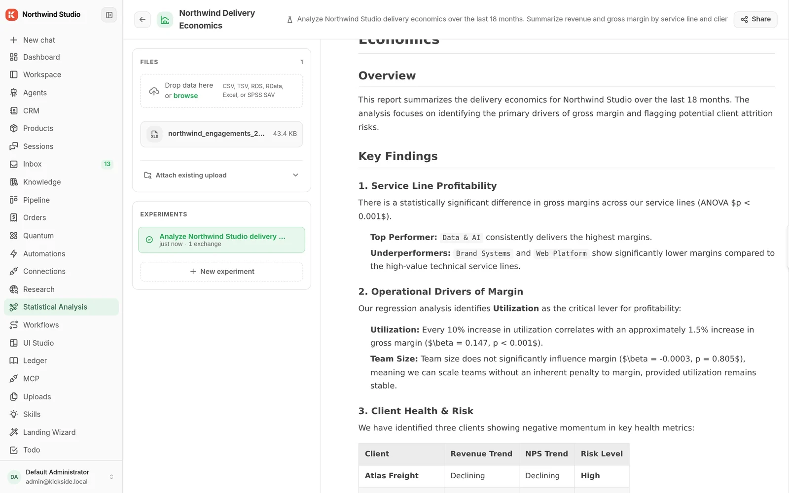 Statistical Analysis: a delivery economics report generated from an uploaded engagements file
