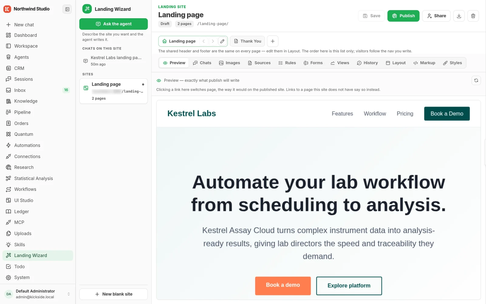 Landing Wizard with a generated landing page for a client