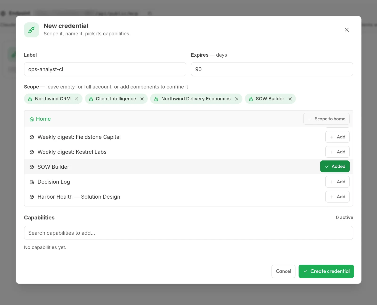 New MCP credential scoped to the CRM, a knowledge base and two workflows, with a 90-day expiry