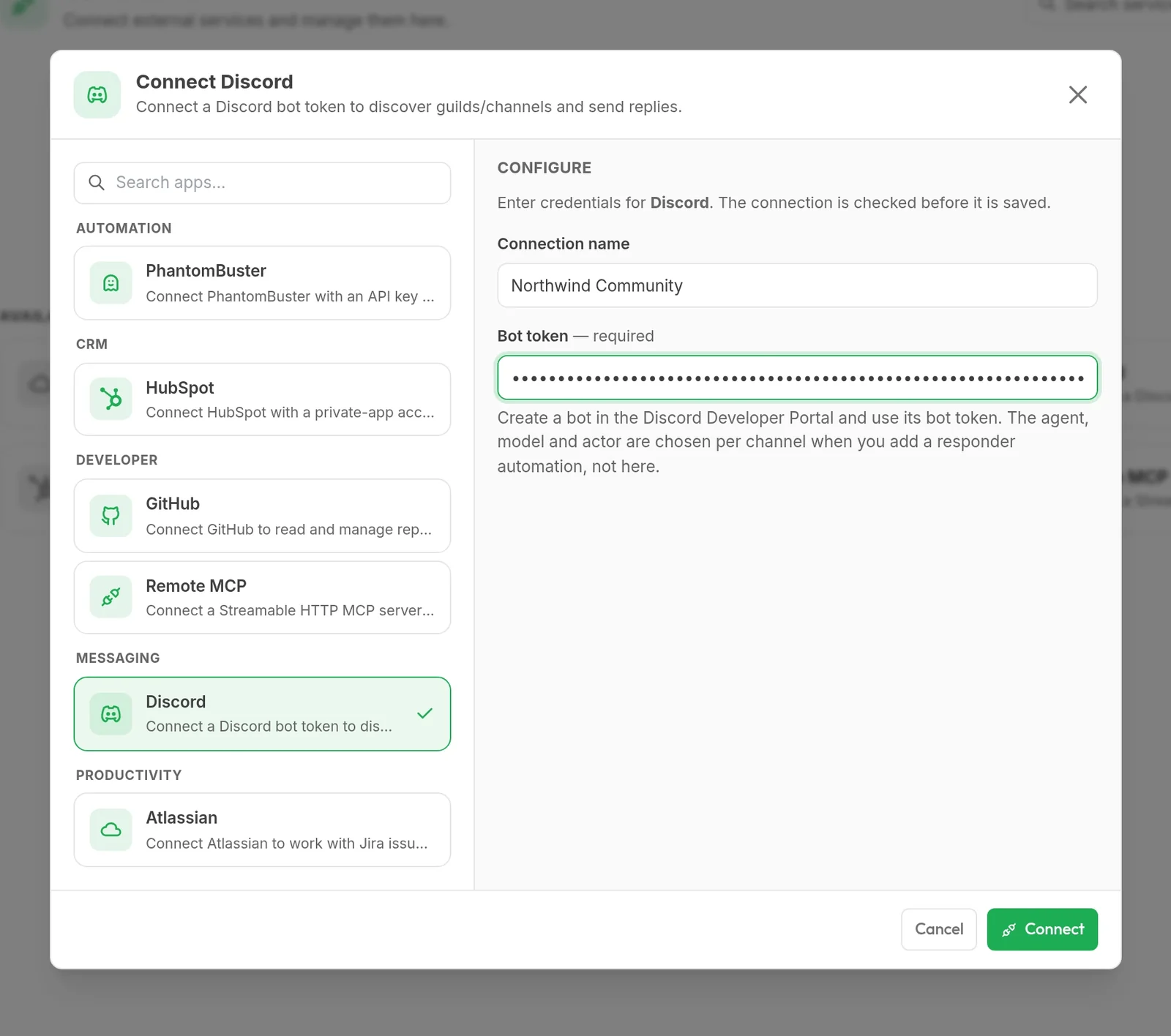 Connections screen with a Discord bot being connected next to HubSpot, GitHub, remote MCP and Atlassian