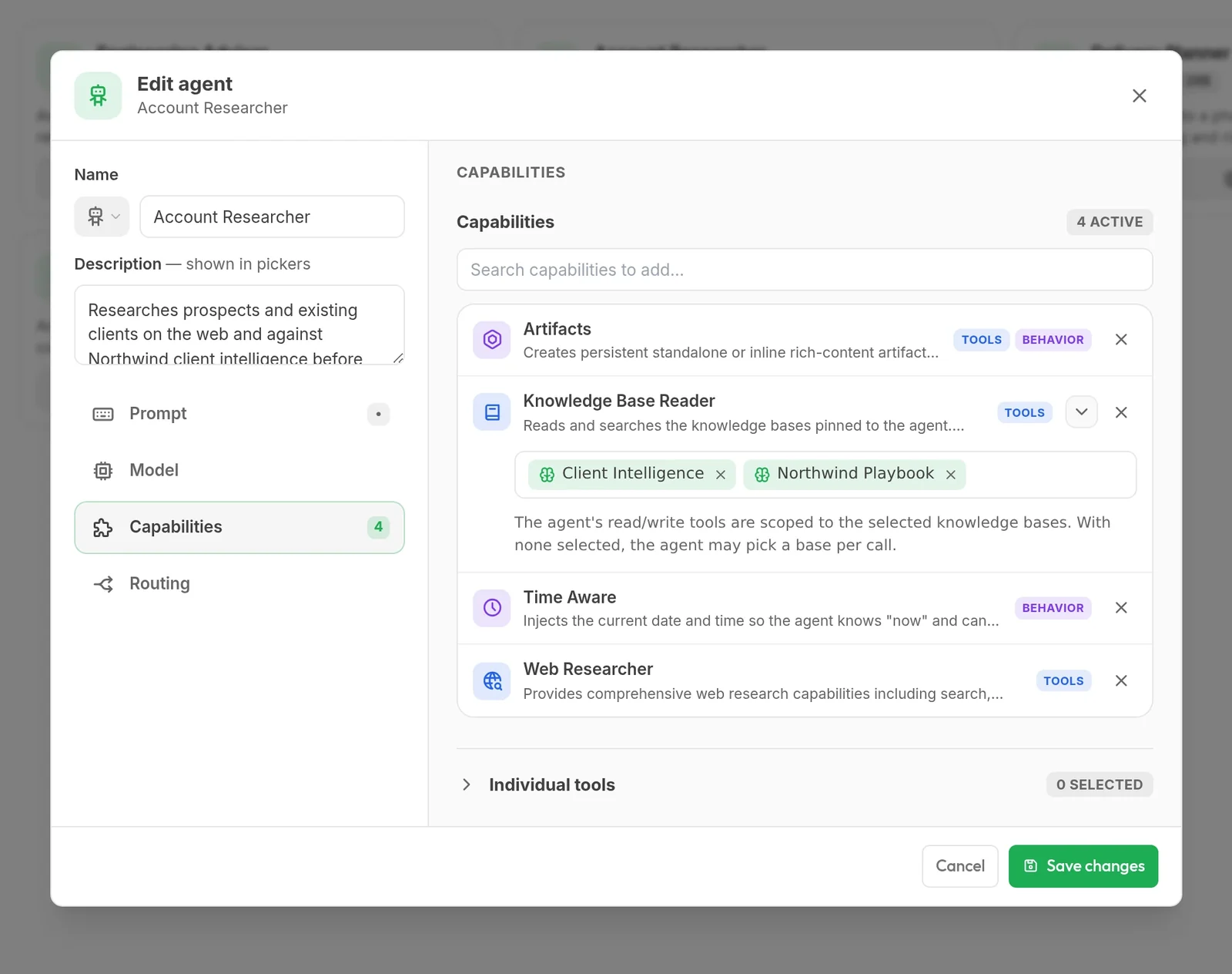 Editing the Account Researcher agent: four capabilities, with the knowledge base reader scoped to two bases