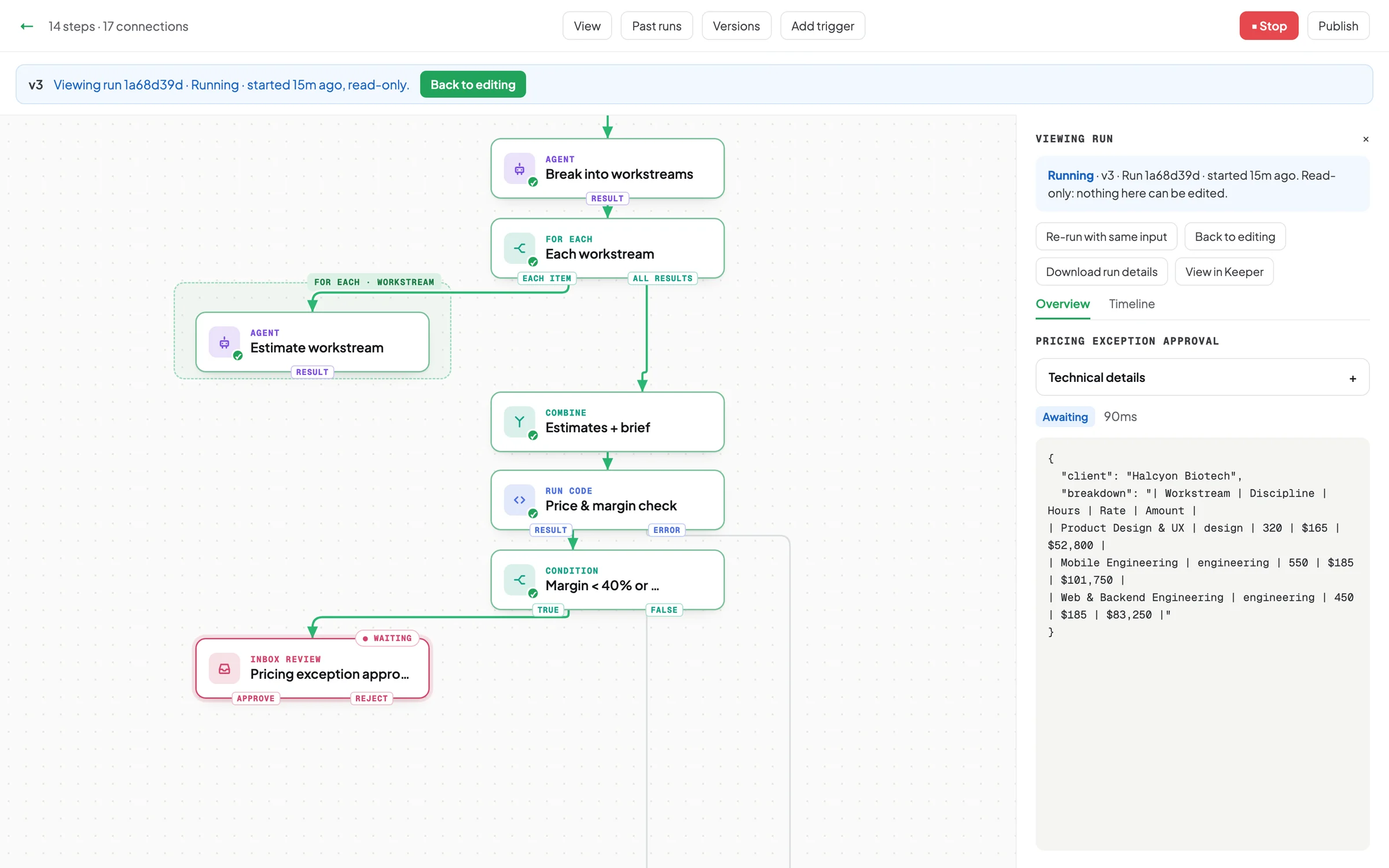 A SOW Builder run paused at a pricing exception approval step, with the step input shown in the run panel