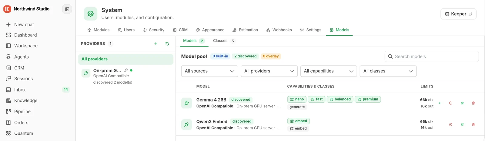 Setup step with a self-hosted GPU provider connected on an internal address, and a default model chosen for each capability plus embeddings