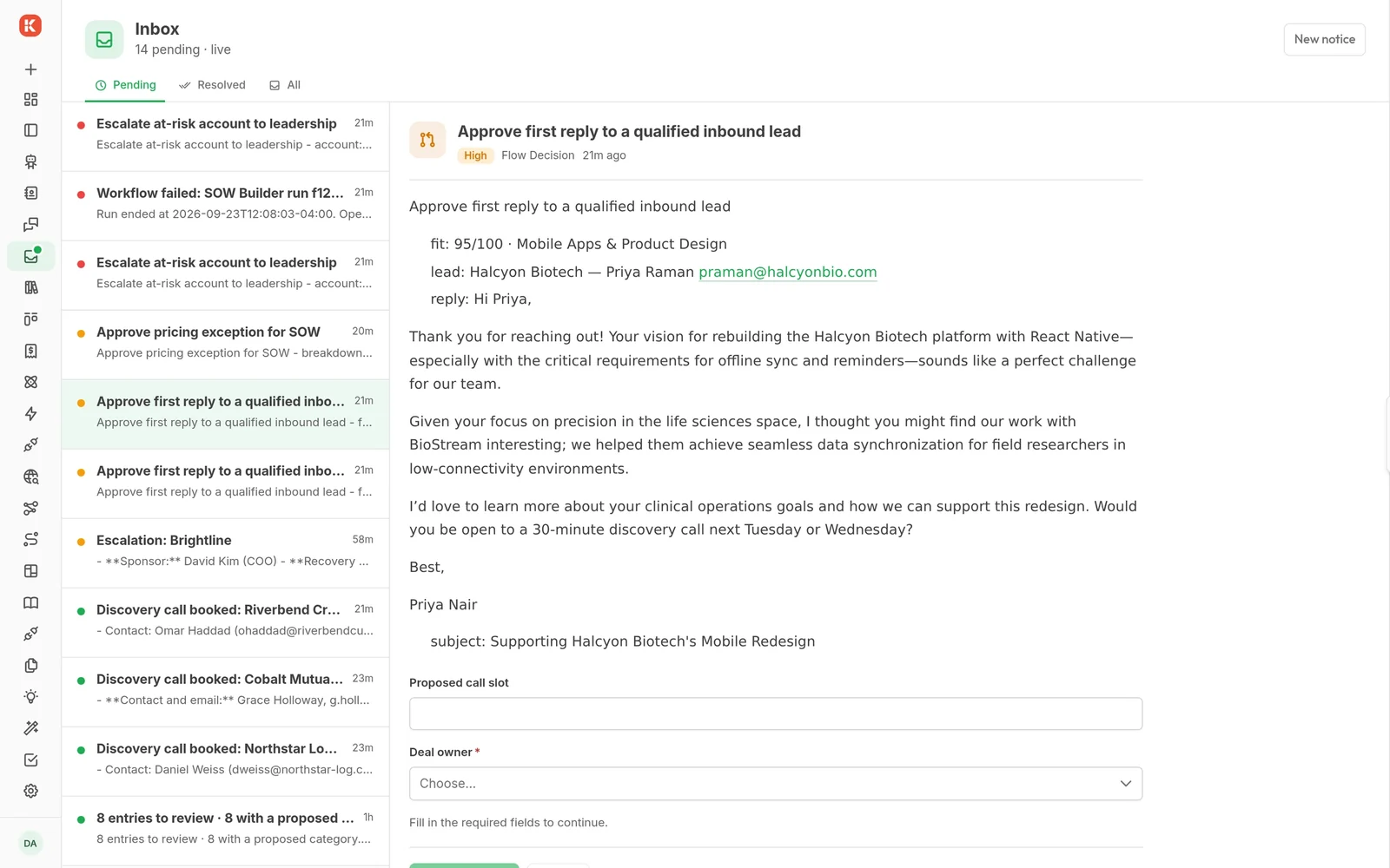 An AI-drafted reply to a qualified lead waiting in the inbox for a person to approve