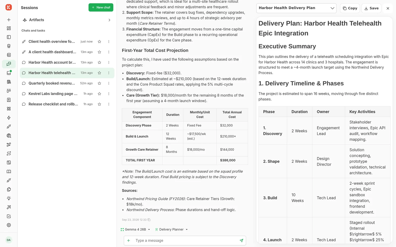 Delivery Planner chat: knowledge base queries, a first-year cost table with sources, and a delivery plan artifact in the side panel