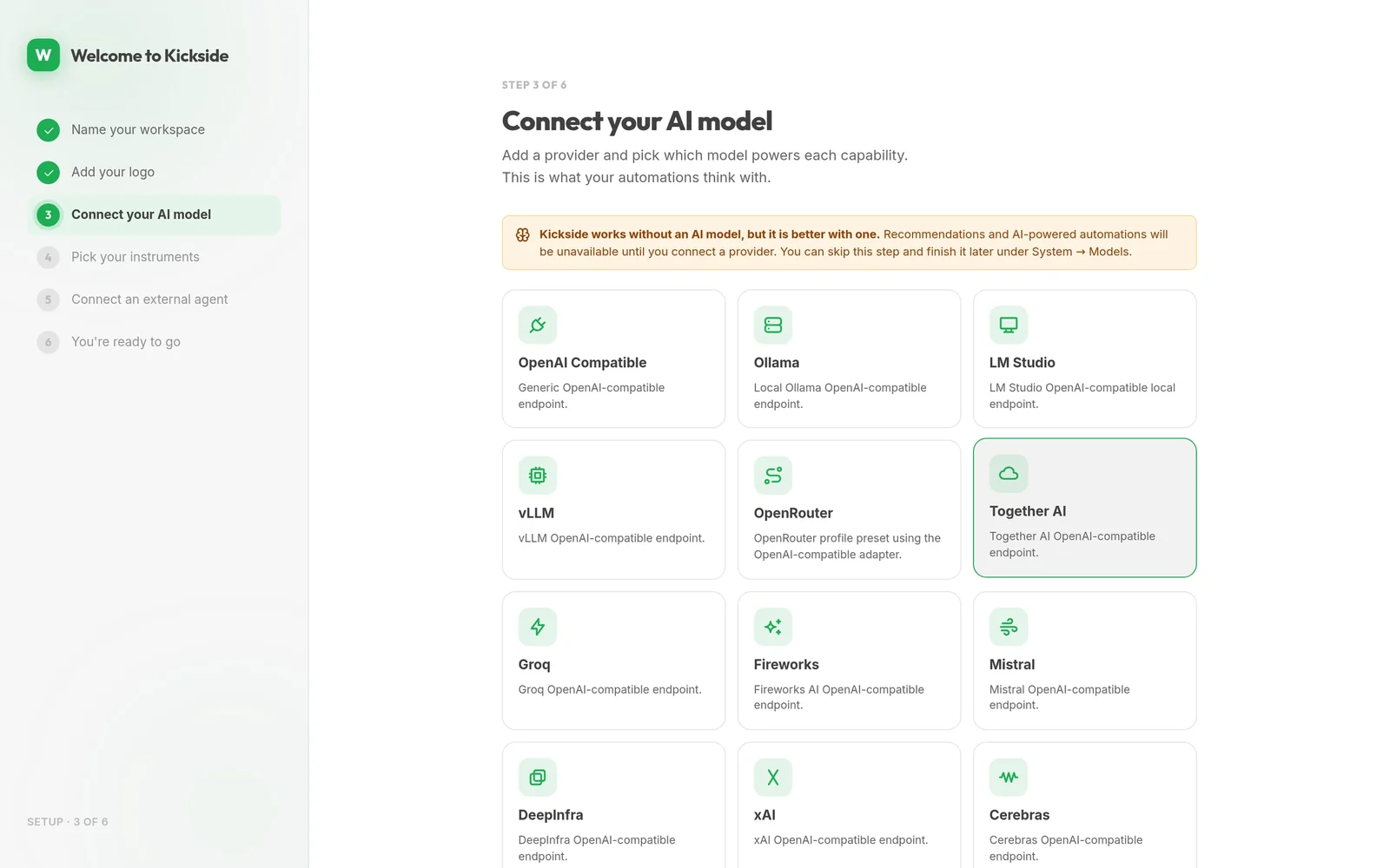 Provider picker with OpenAI Compatible, Ollama, LM Studio, vLLM, OpenRouter, Together AI, Groq, Fireworks and Mistral