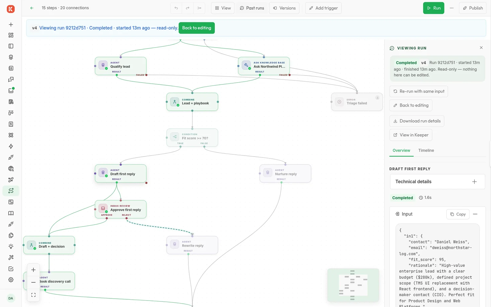 Completed run with the executed path lit and the inspector showing the agent step input