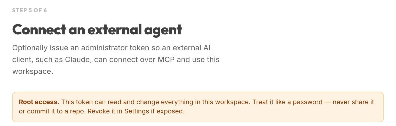 Setup step issuing an MCP connection with server address and client config, token hidden